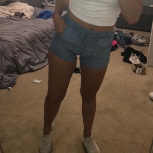 Blue and white stripe chambray shorts